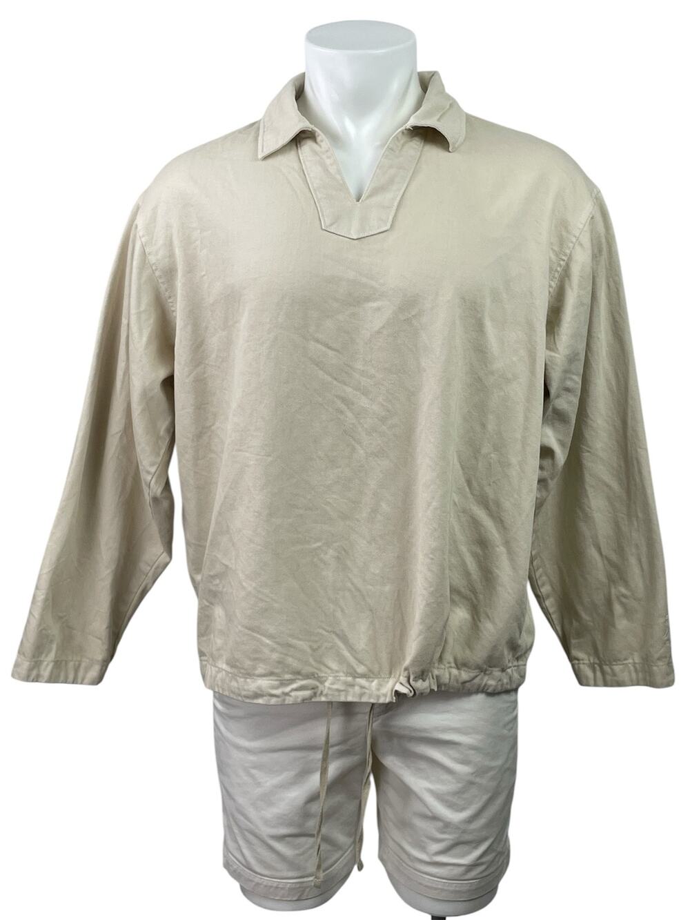 Kith Men's Beige Cream Long Sleeve Tie Hem Collared Polo Sweatshirt Top Size L